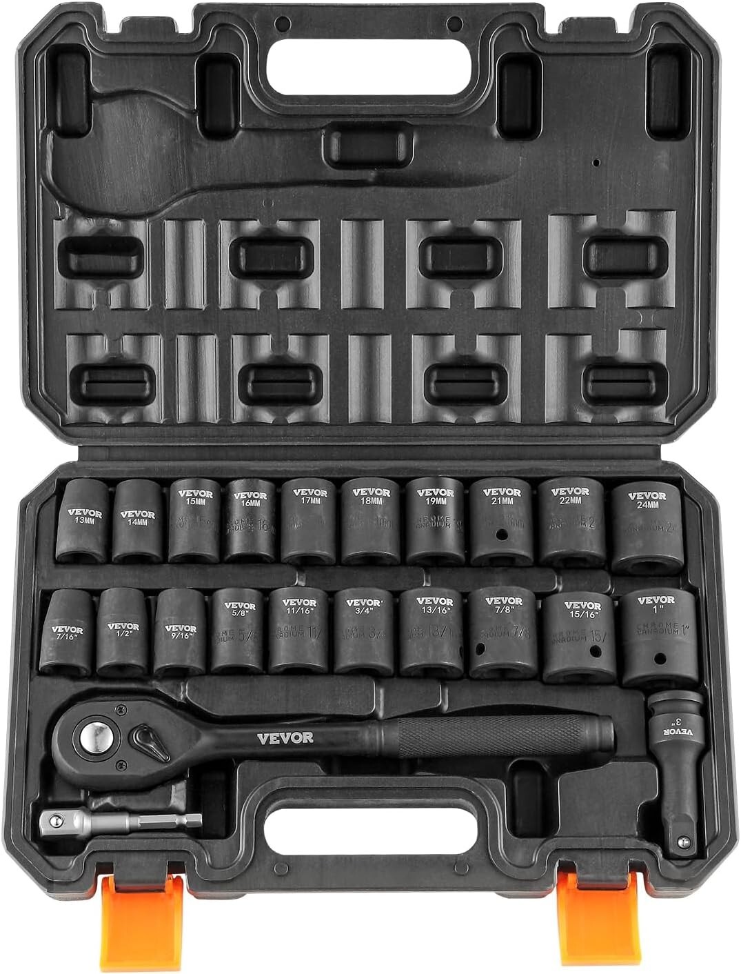 Versatile 1/2″ Drive Impact Socket Set, 23 Pieces – SAE & Metric, Easy Storage