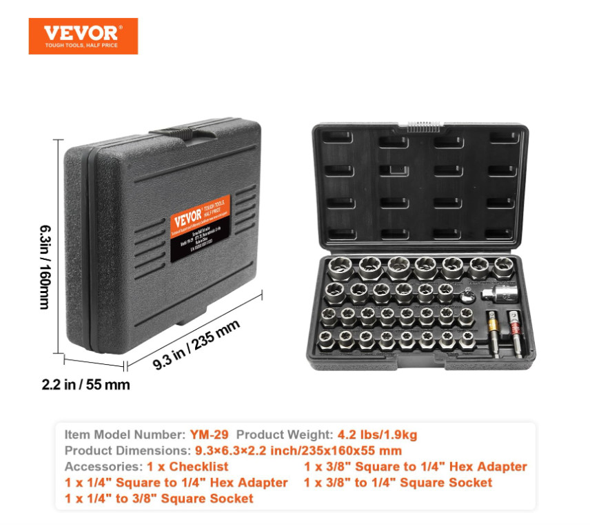 Bolt Extractor Set, 29-Pieces Bolt and Nut Remover Socket Set with Storage Case