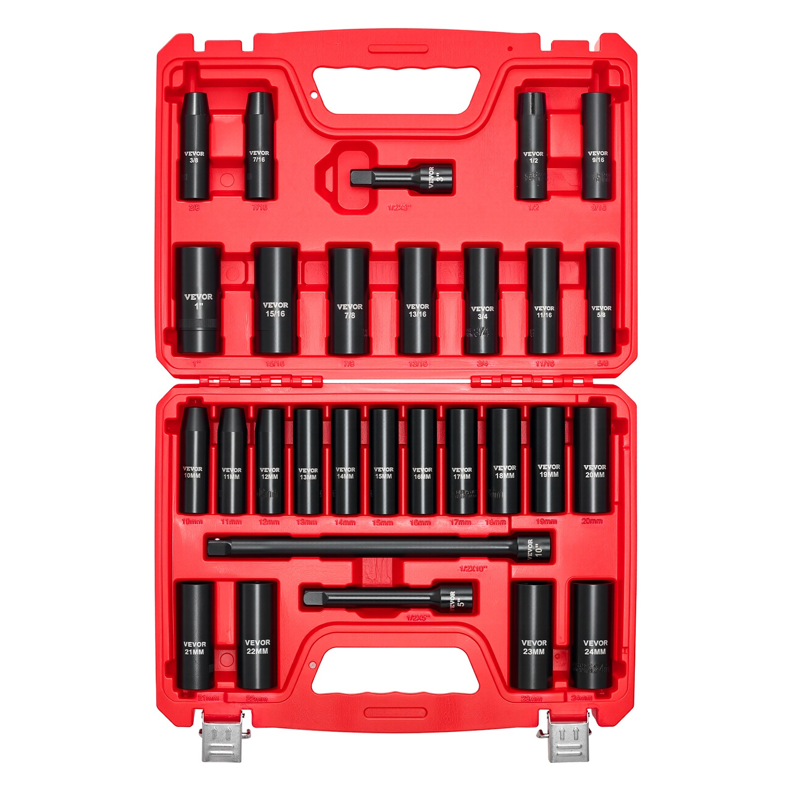 VEVOR 1/2 in Drive Impact Socket Set 29 Piece SAE 3/8 in-1 in Metric 10-24 mm