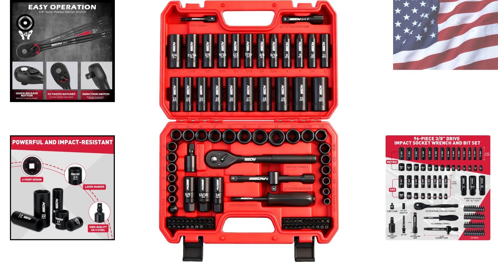 96-Piece 3/8″ Drive Impact Socket Set with SAE & Metric Sockets – Durable Cr-V