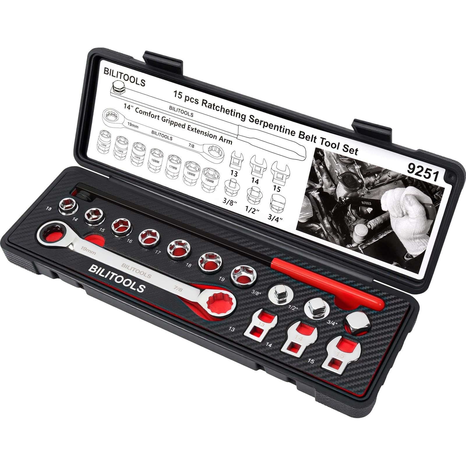 15Pcs Serpentine Belt Tool Set Tensioner Kit Ratchet Wrench Adapters