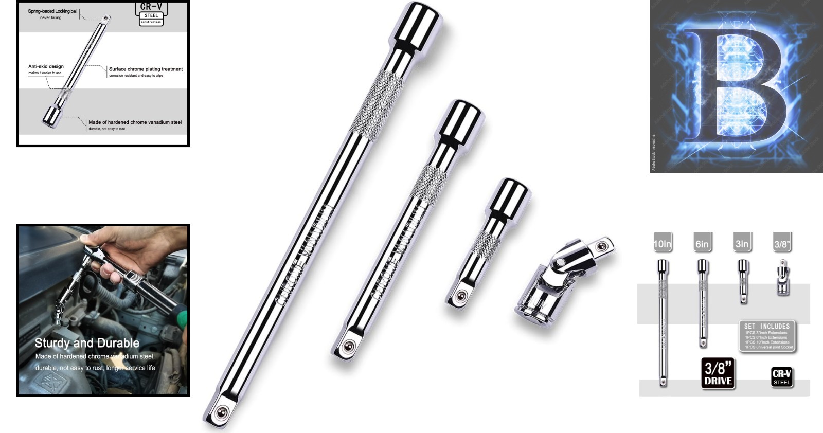 Durable 3/8 Inch Drive Extension Bar Set – 3, 6, 10 Inch with