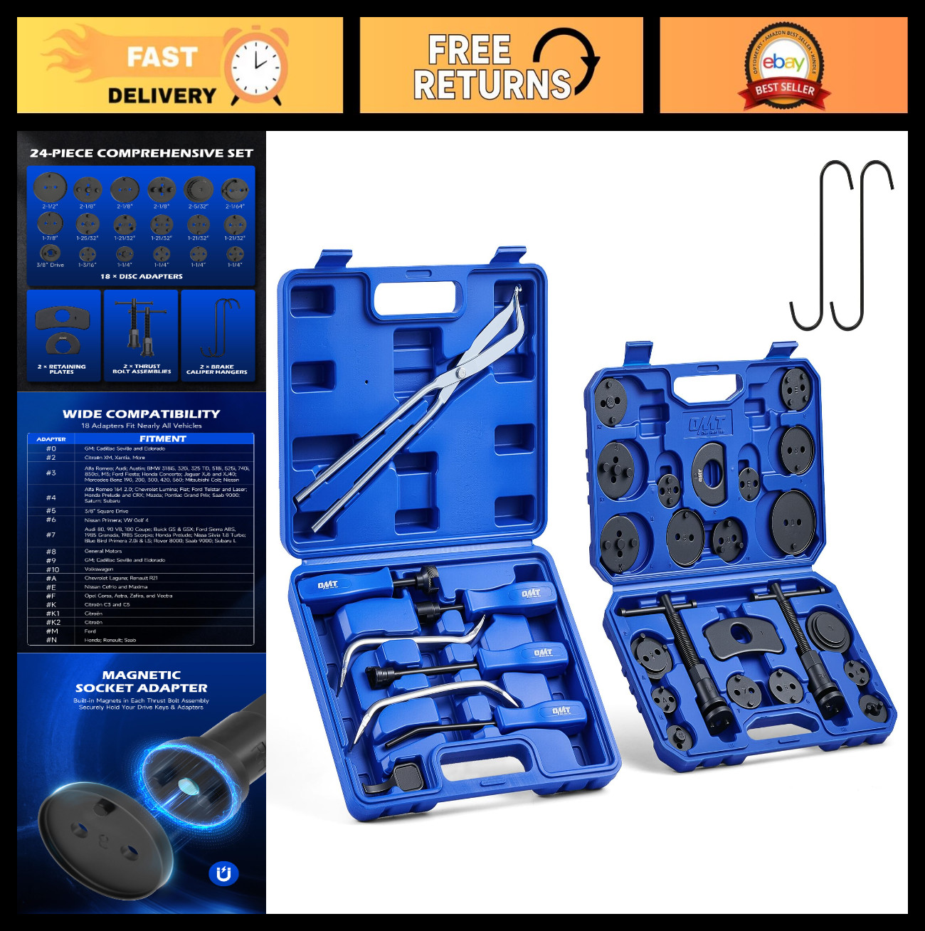 2-in-1 Brake Caliper Compression Tool Set, 32pc Disc & Drum Service Kit, 18 Adap