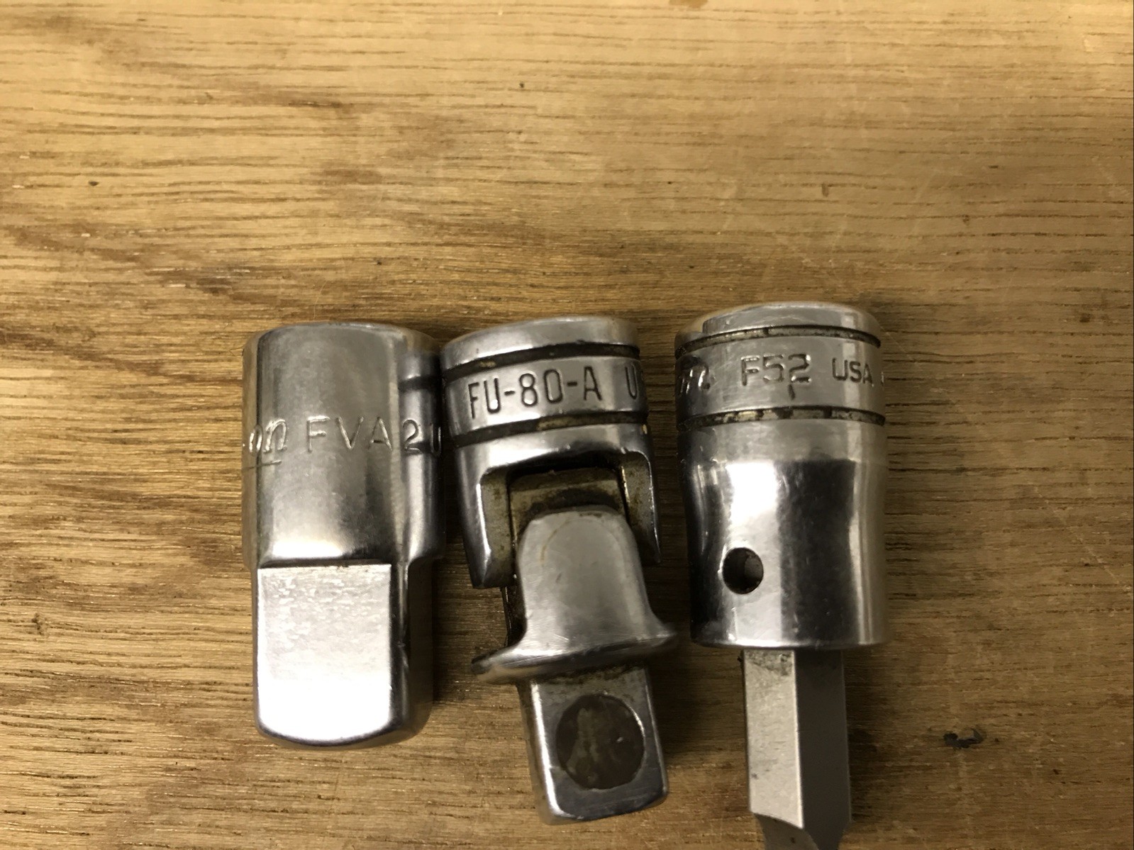 3 pieces Snap On USA 3/8-1/2 Adapter, 3/8 U-joint, And 3/8 Flat Bit