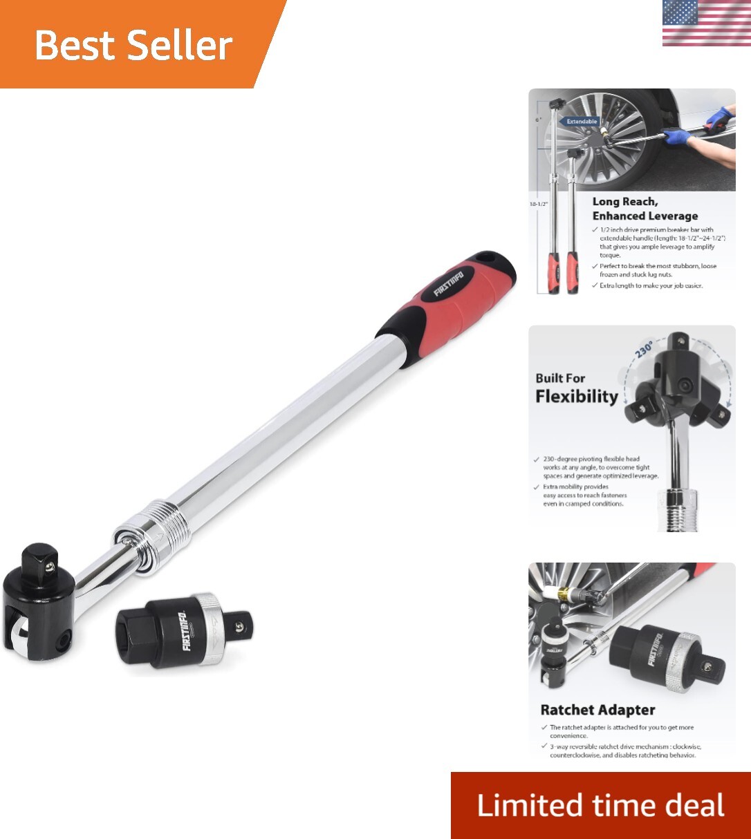 Breaker Bar Chrome Vanadium Steel 24.5 Inch Long Flex Head Ratchet