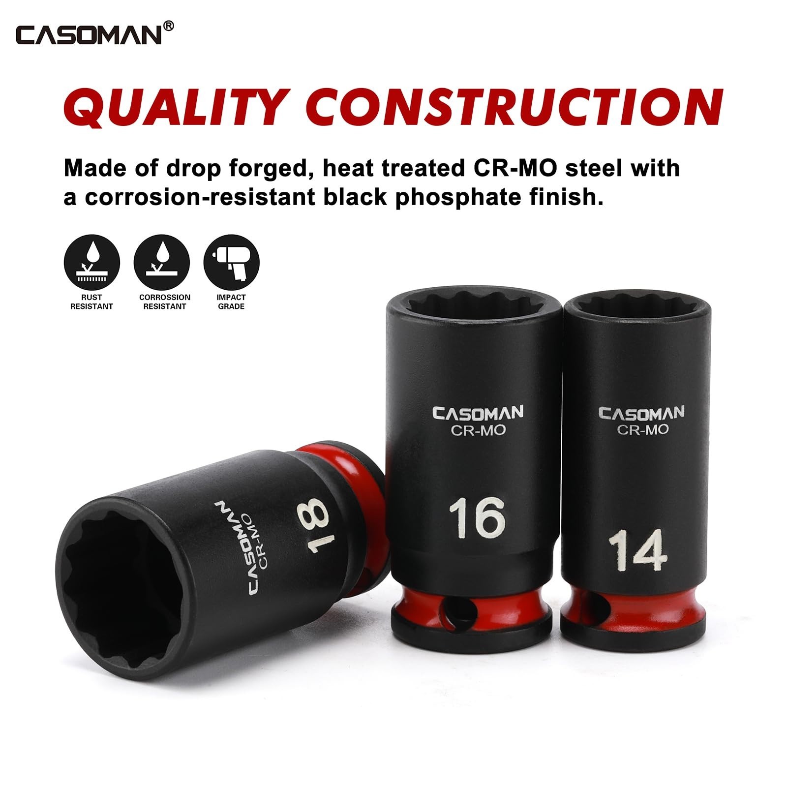 13-Piece 3/8″ Drive Mid-Length Impact Socket Set, 12-Point Metric 7mm-19mm, CR-M