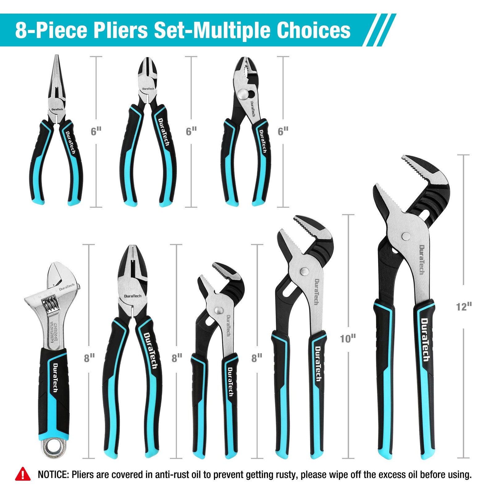 DURATECH 8-Piece Pliers Set with Rolling Pouch, 8-Piece, Blue, Silver, Black