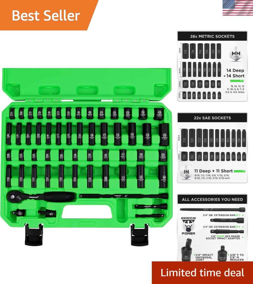 Durable SAE & Metric 1/4″ Drive Socket Set – 56-Piece Chrome Vanadium Collection