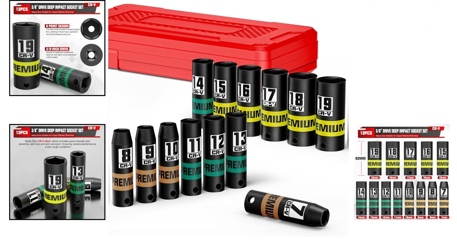 13-Piece Deep Impact Socket Set 3/8″ Drive 7-19mm CR-V Heavy Duty Automotive …