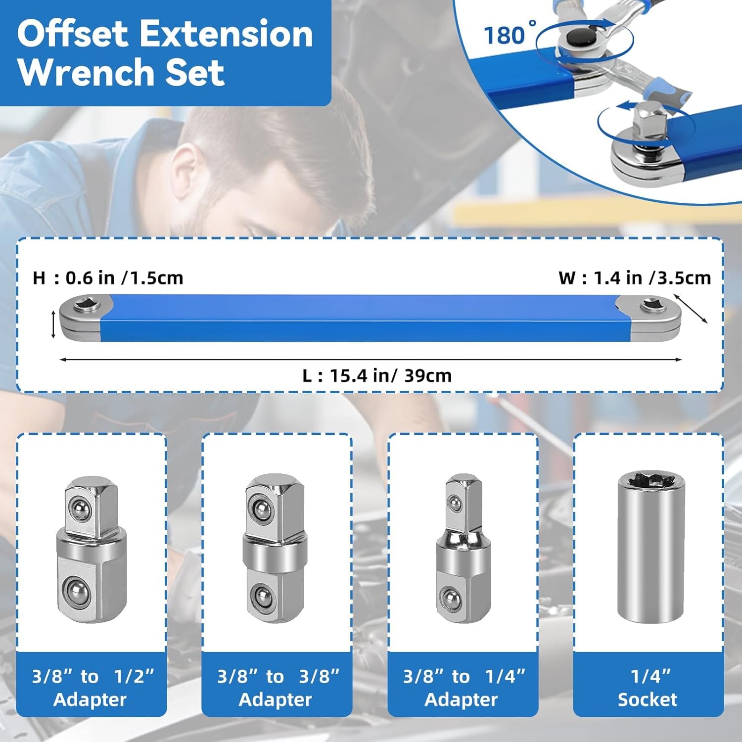 Offset Extension Wrench Set Ratchet Spanner Wrench Tool with Extender Adapter US