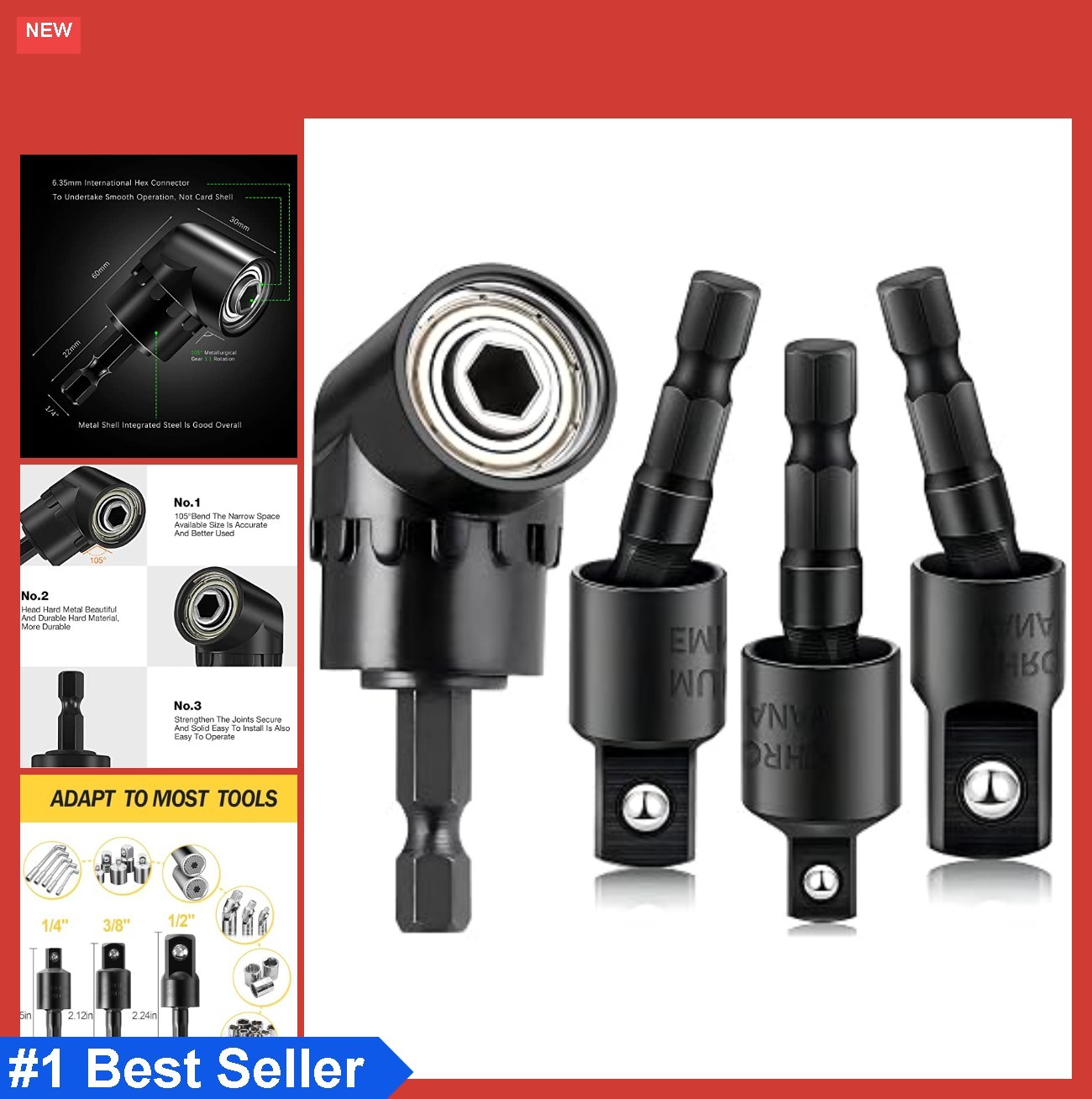 Impact Socket Adapter Set 3 Piece 1/4 3/8 1/2 Inch Universal Hex Drive 360