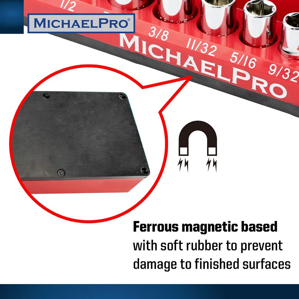 MichaelPro MP014003 3-Pc Magnetic Socket Organizer- 1/4-inch, SAE, Red