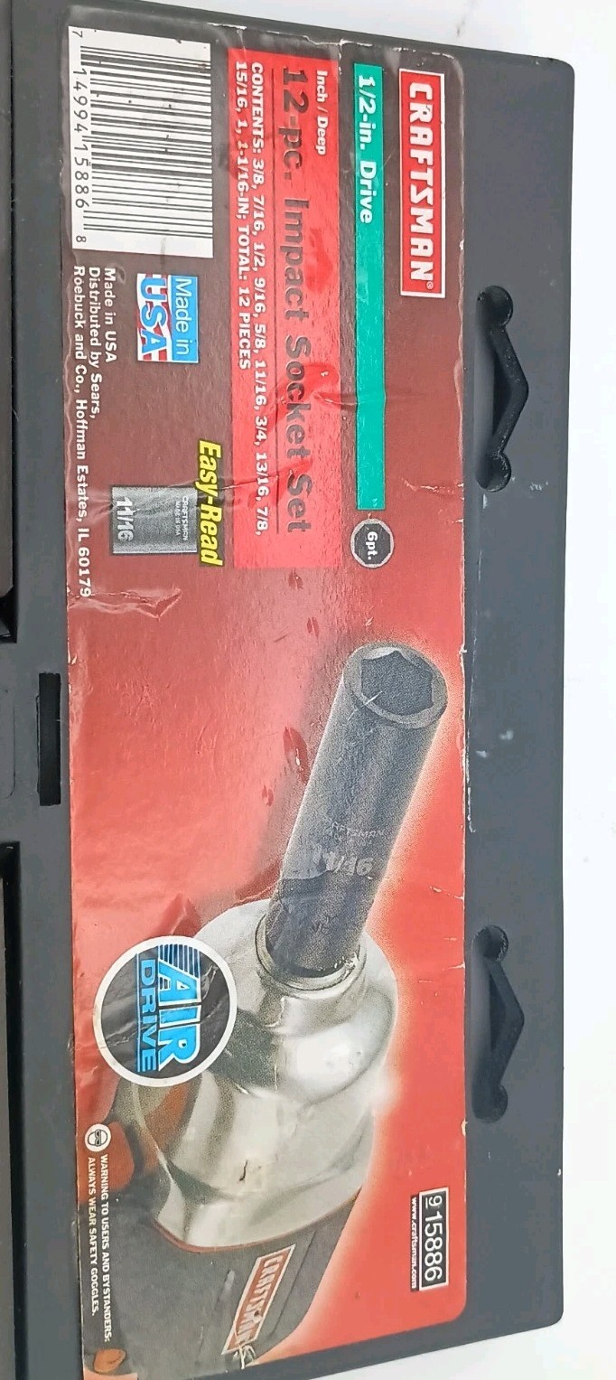 CRAFTSMAN Deep Impact Socket Set 1/2″ Drive 6-Point 9-15886 USA Made 12 Piece
