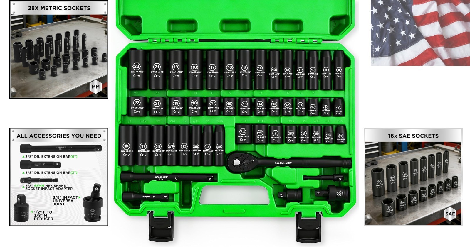 SWANLAKE 3/8» Drive Impact Socket Set, 50-Piece Standard SAE 5/16 to 3/4 inc…