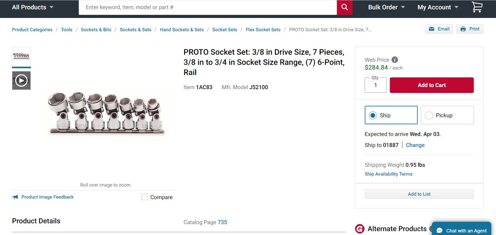 Proto 7 Piece 3/8″ Drive 6 Point SAE Universal Joint Socket Set 3/8 through 3/4