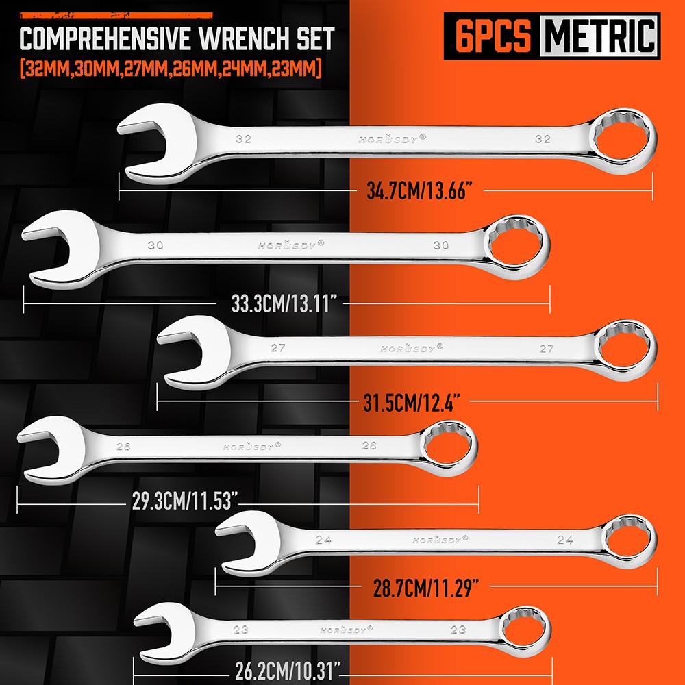 6PC Super Long Metric Combination Wrench Set 23-32mm Ring Open Ended 15° Entry