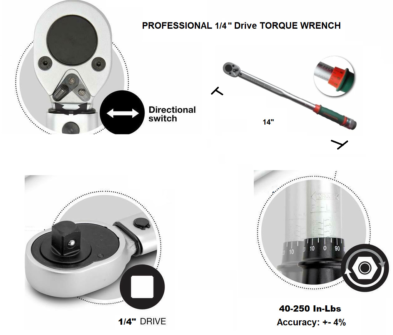 Jonnesway T07020F 1/4″ Micrometer Torque Wrench 40-250 IN/Lbs