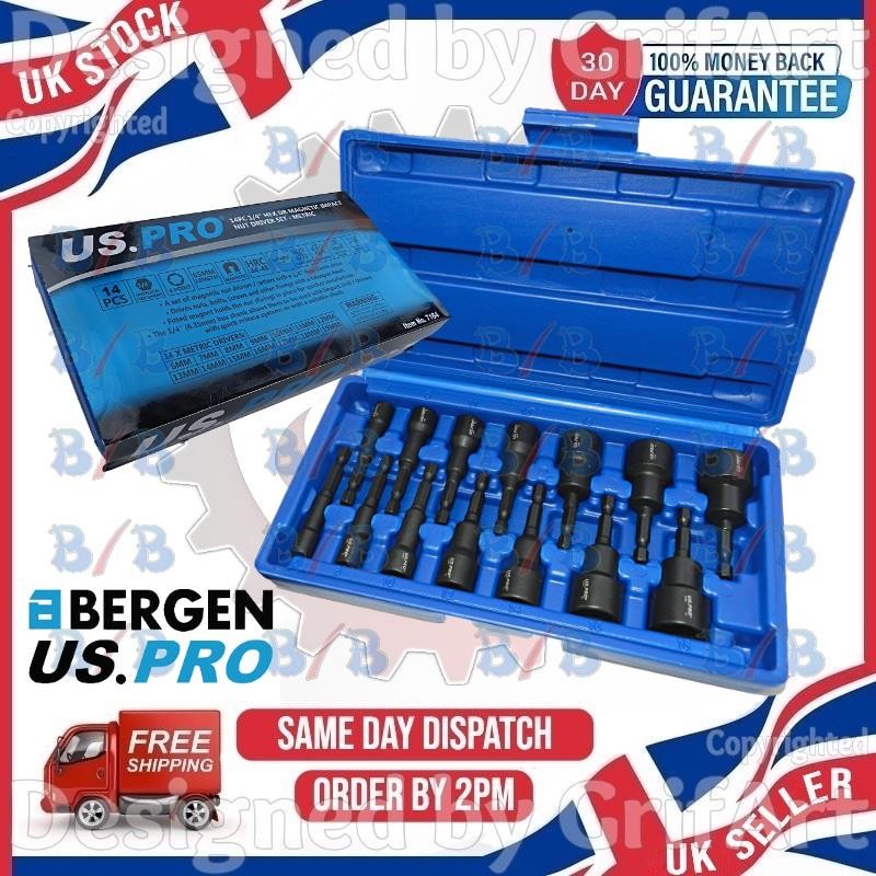 USPRO 14PC 1/4″ DRIVE MAGNETIC METRIC HEX IMPACT DRILL NUT DRIVER SET 6MM-19MM