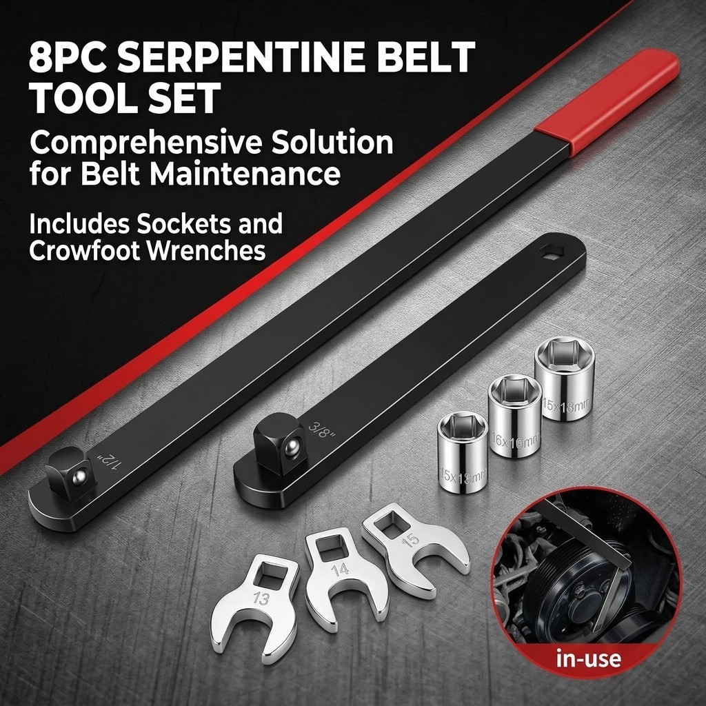 8PC Serpentine Belt Tool Set, Tension Wrench 1/2″ & 3/8″ Square Drive