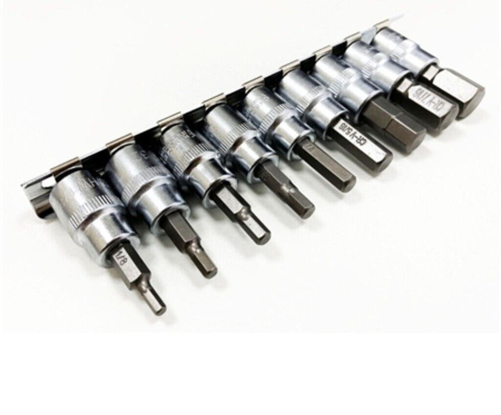9pc AF Imperial SAE Allen Key male HEX Bit Sockets on rail