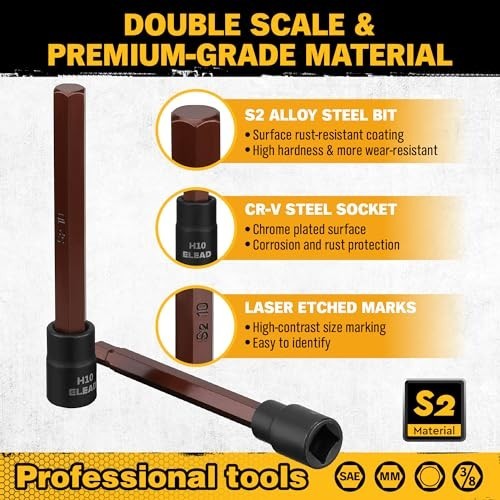 20-Piece Extra-Long Hex Bit Socket Set, 3/8″ Drive, S2 Steel, SAE & Metric Sizes