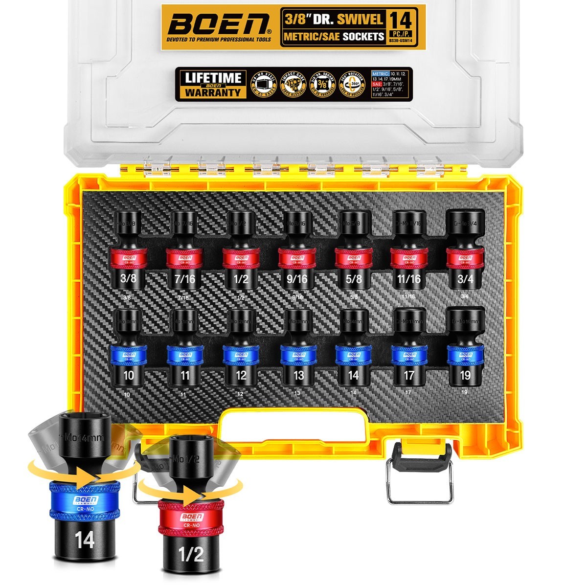 14 PCS 3/8″ Drive Impact Swivel Socket set, Metric (10-19mm) & SAE (3/8″- 3/4″)
