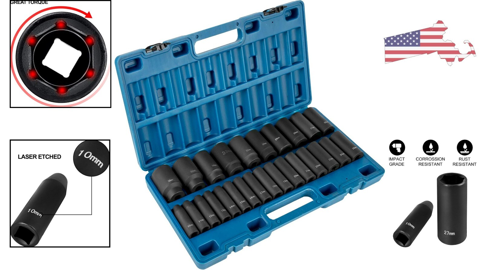 Heavy-Duty Impact Socket Set – 6-Point Sockets – Alloy Steel – Drive – 10mm