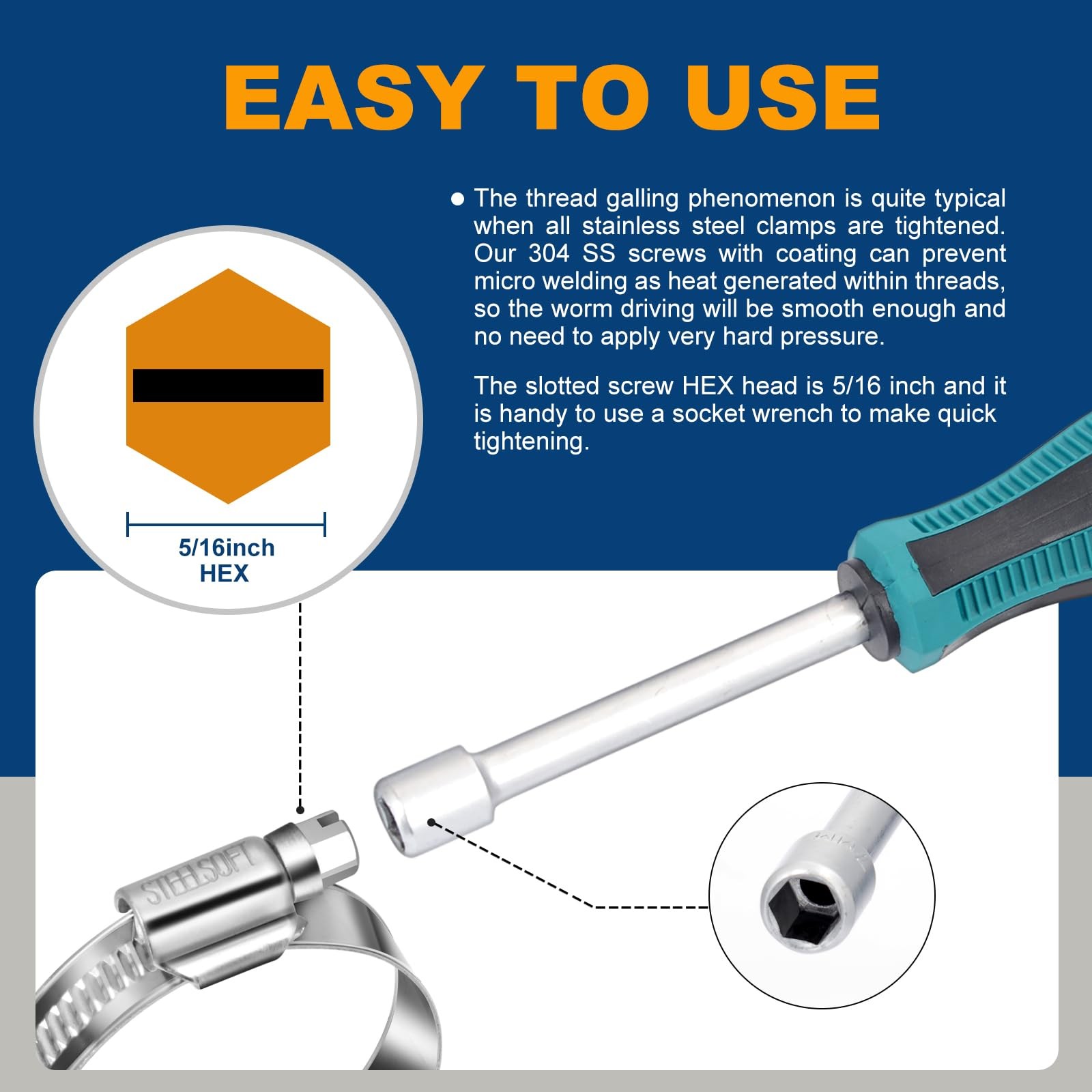 Non-Slip Stainless Steel Worm Gear Hose Clamps SAE#12(3/4 To 1-1/4), Metallic