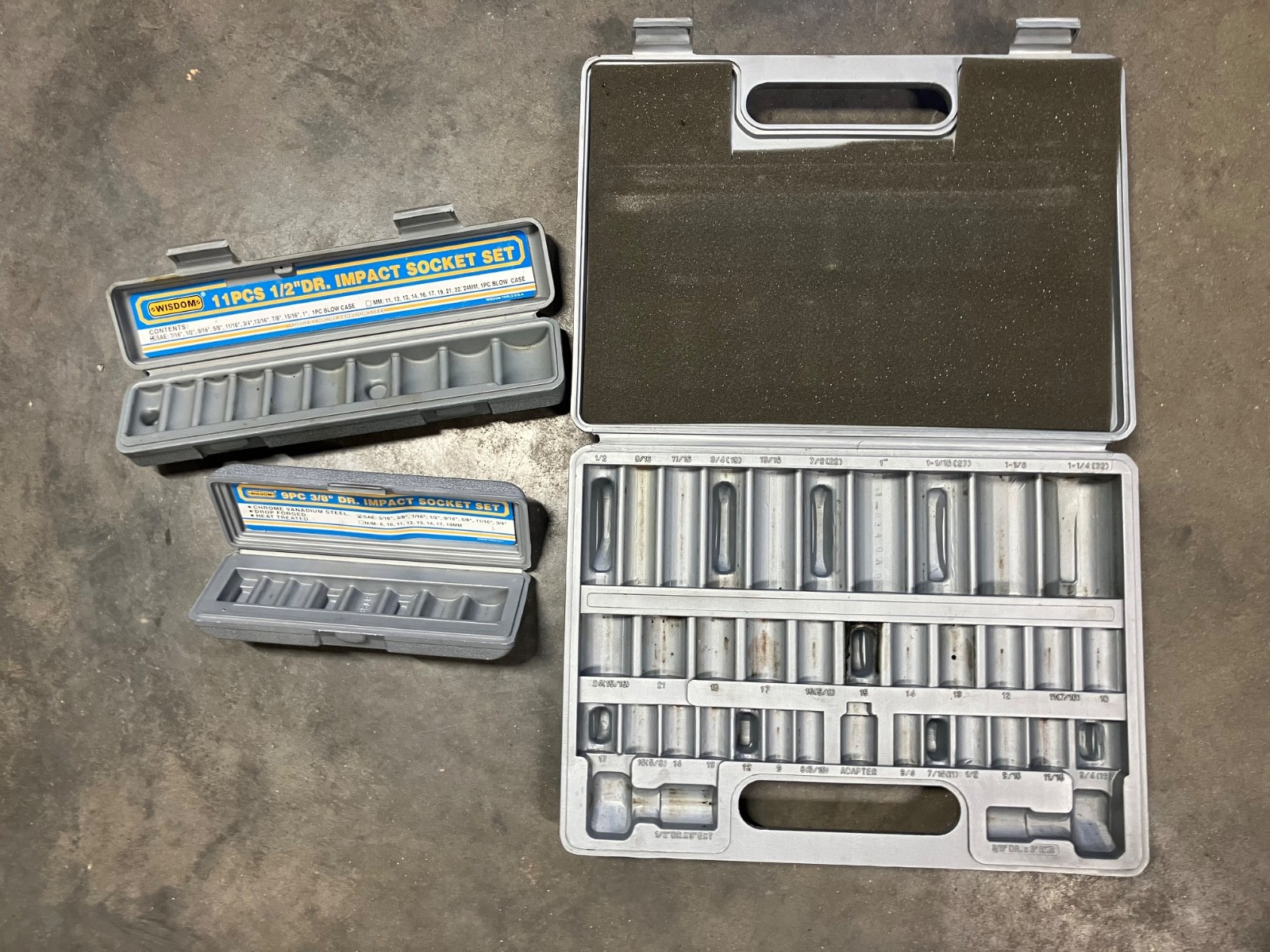3 Empty Socket Cases, 11 pc 1/2″ drive, 9 pc 3/8″ drive, 36 pc 3/8″ & 1/2″ drive