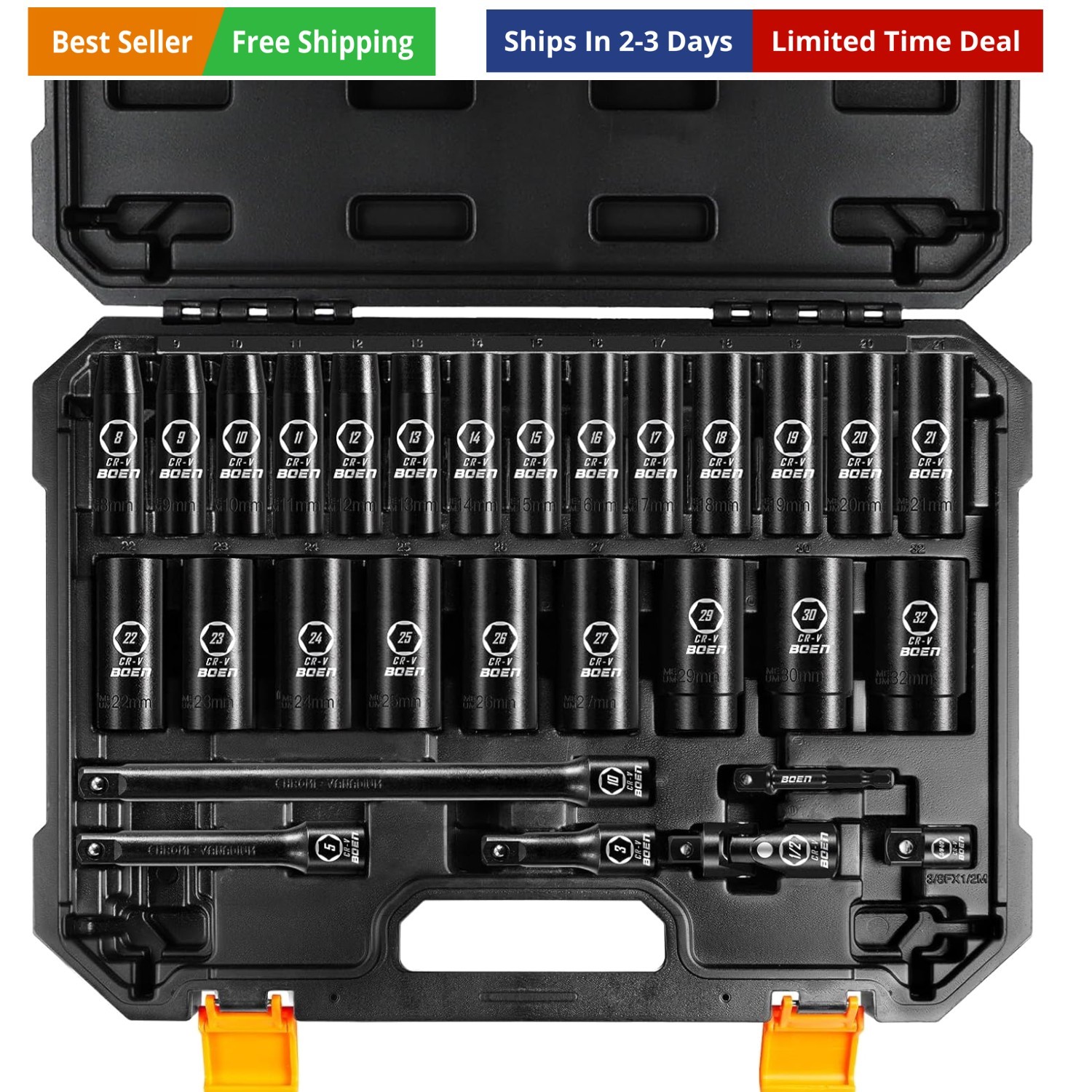 8mm-32mm 1/2” Drive Metric Socket Set, Impact Deep Socket, 6 Point Lug Nut So…