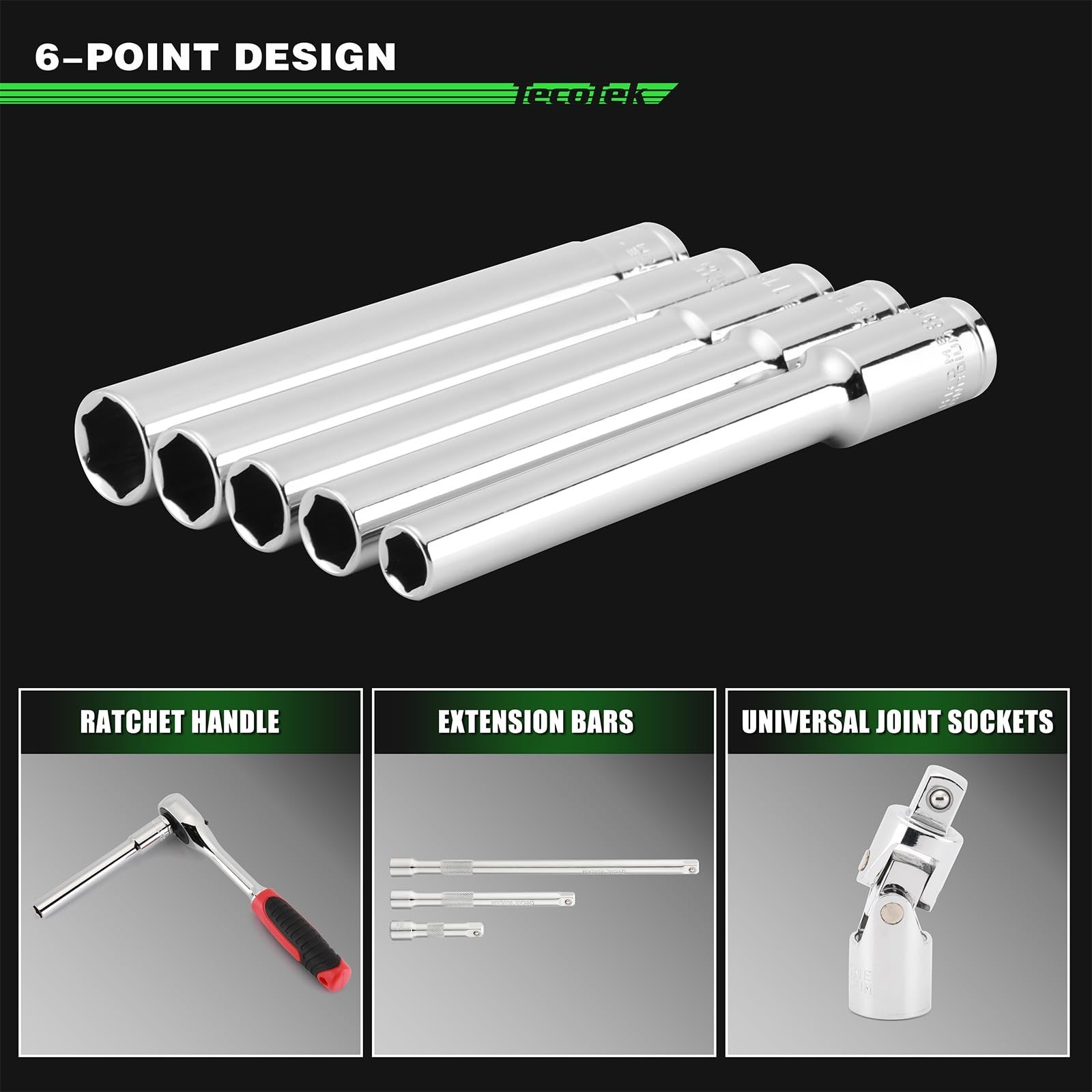6PCS Extra Deep Metric Socket Set 3/8″ Drive, 8-14mm, 6 Point + Adapter, CR-V