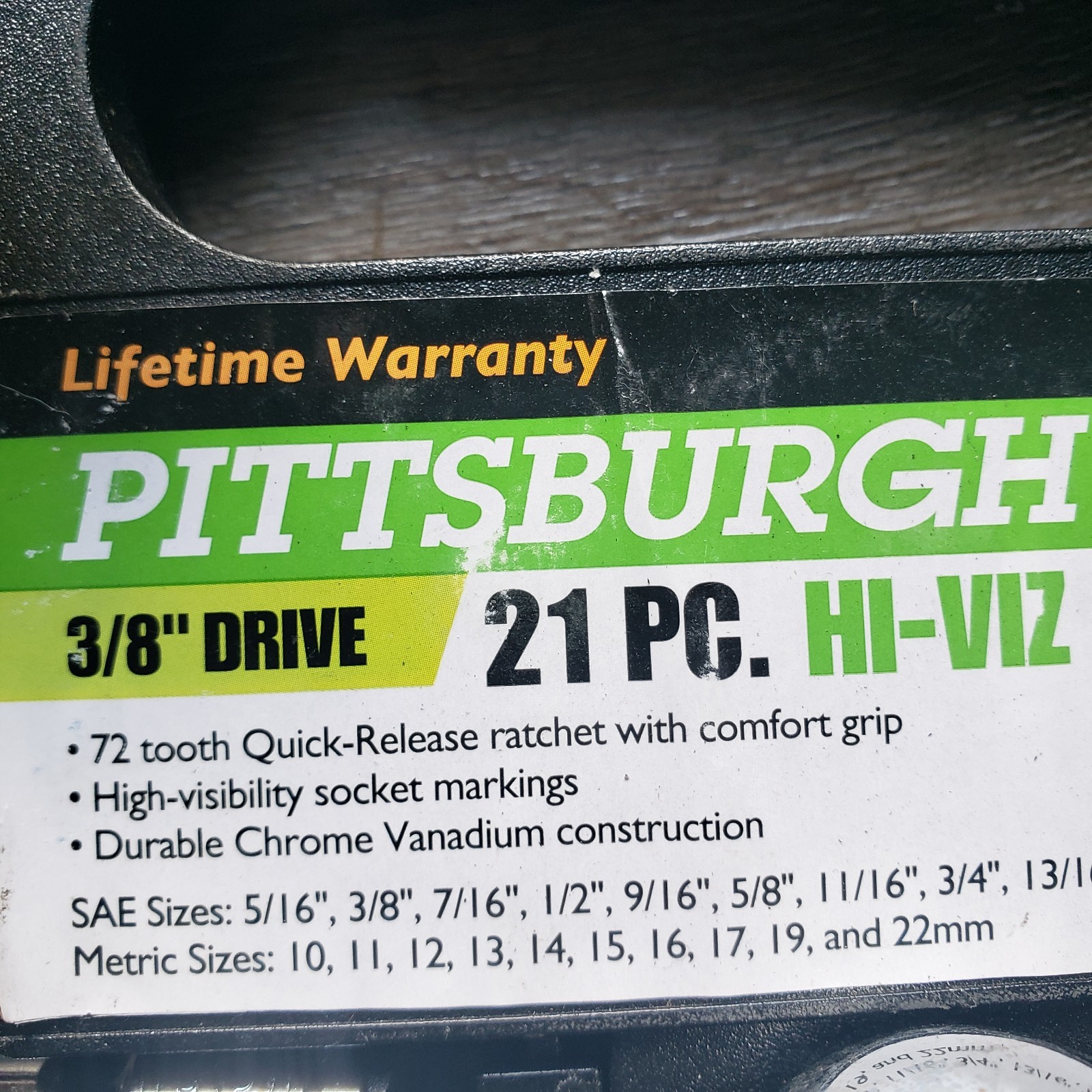 Pittsburgh 21-piece high-visibility 3/8″ drive SAE and metric socket set.