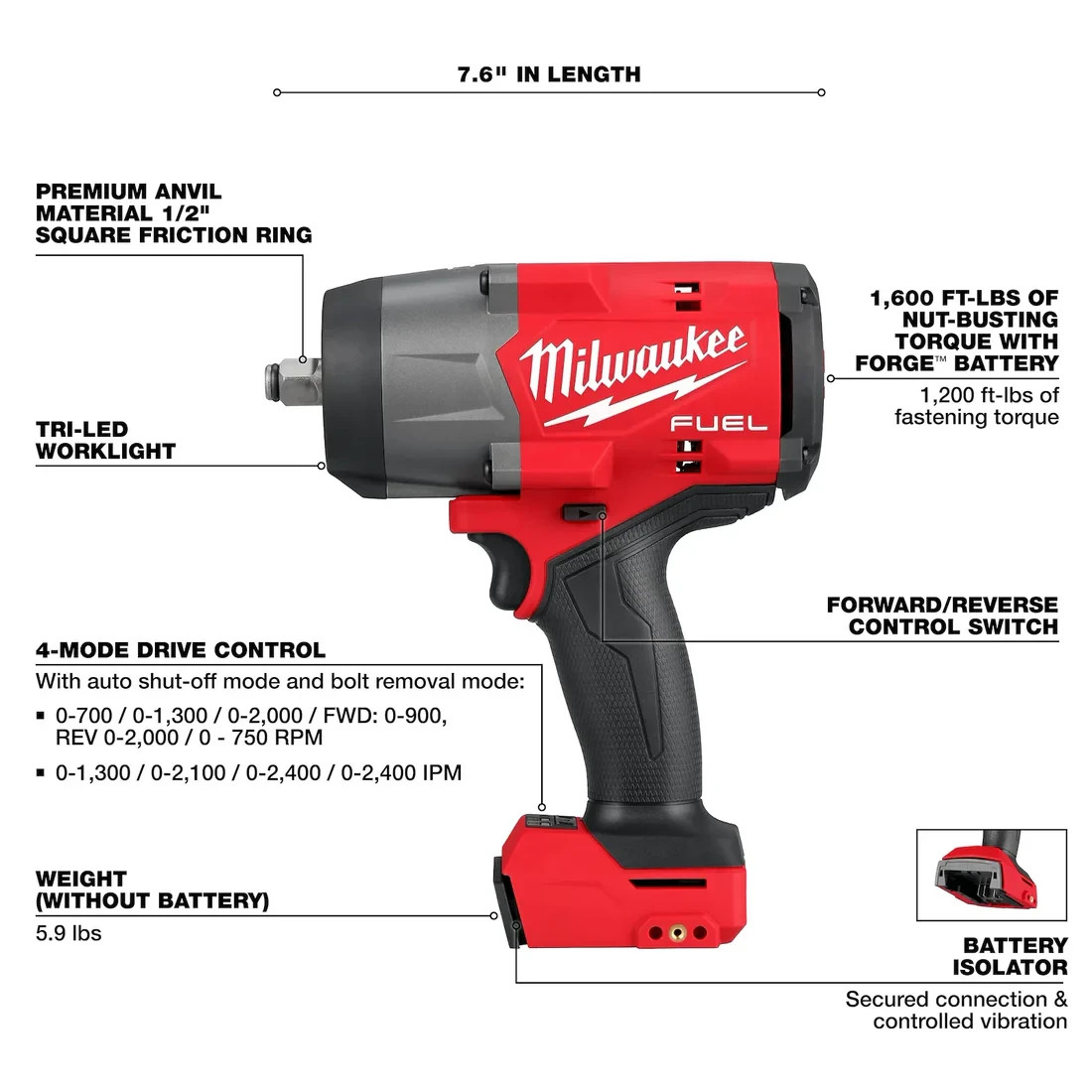 Milwaukee 2967-20 M18 FUEL™ 1/2″ High Torque Impact Wrench + FREE Battery