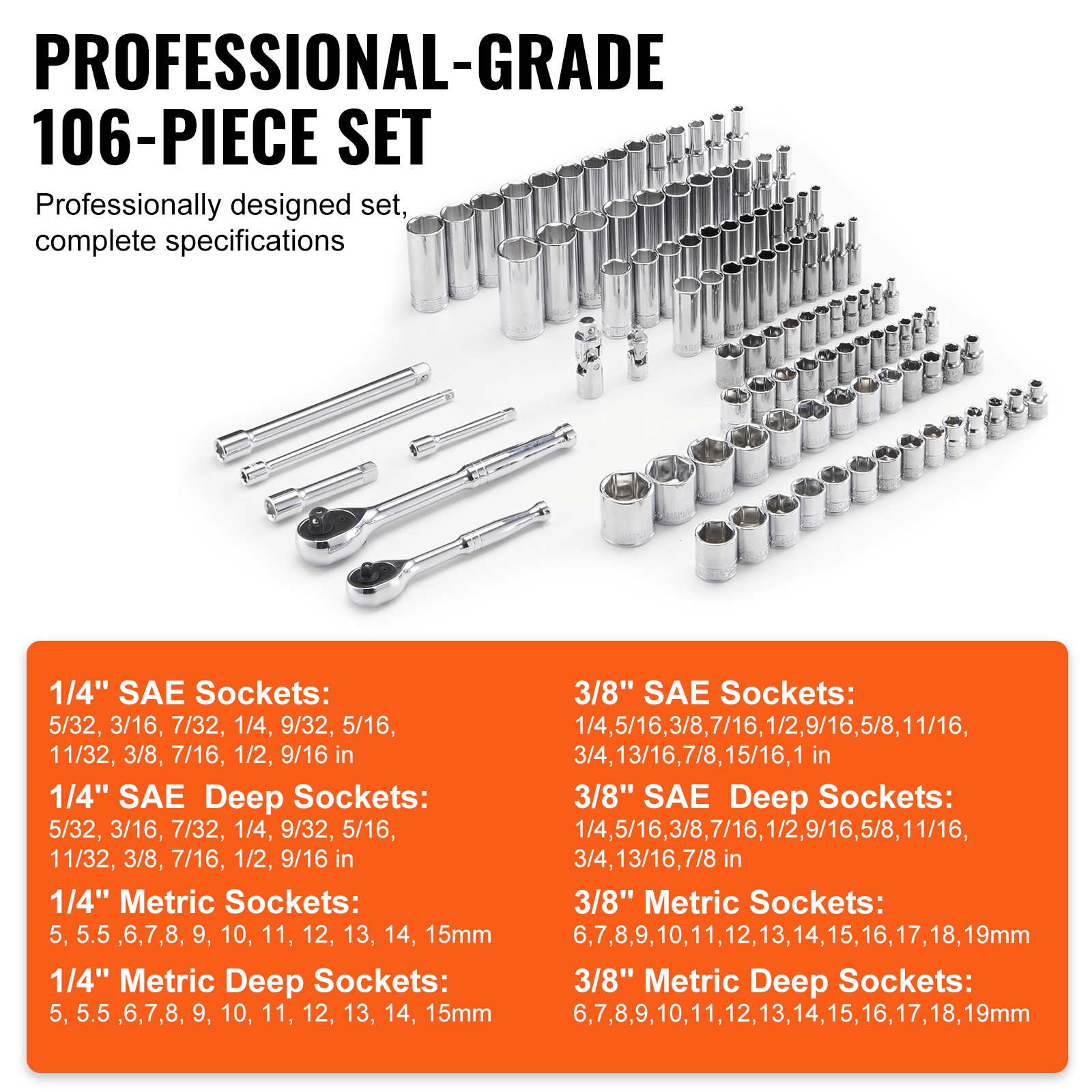 VEVOR 106 Pcs Socket Set 1/4in 3/8in Drive Socket and Ratchet Set 6-Point Tool