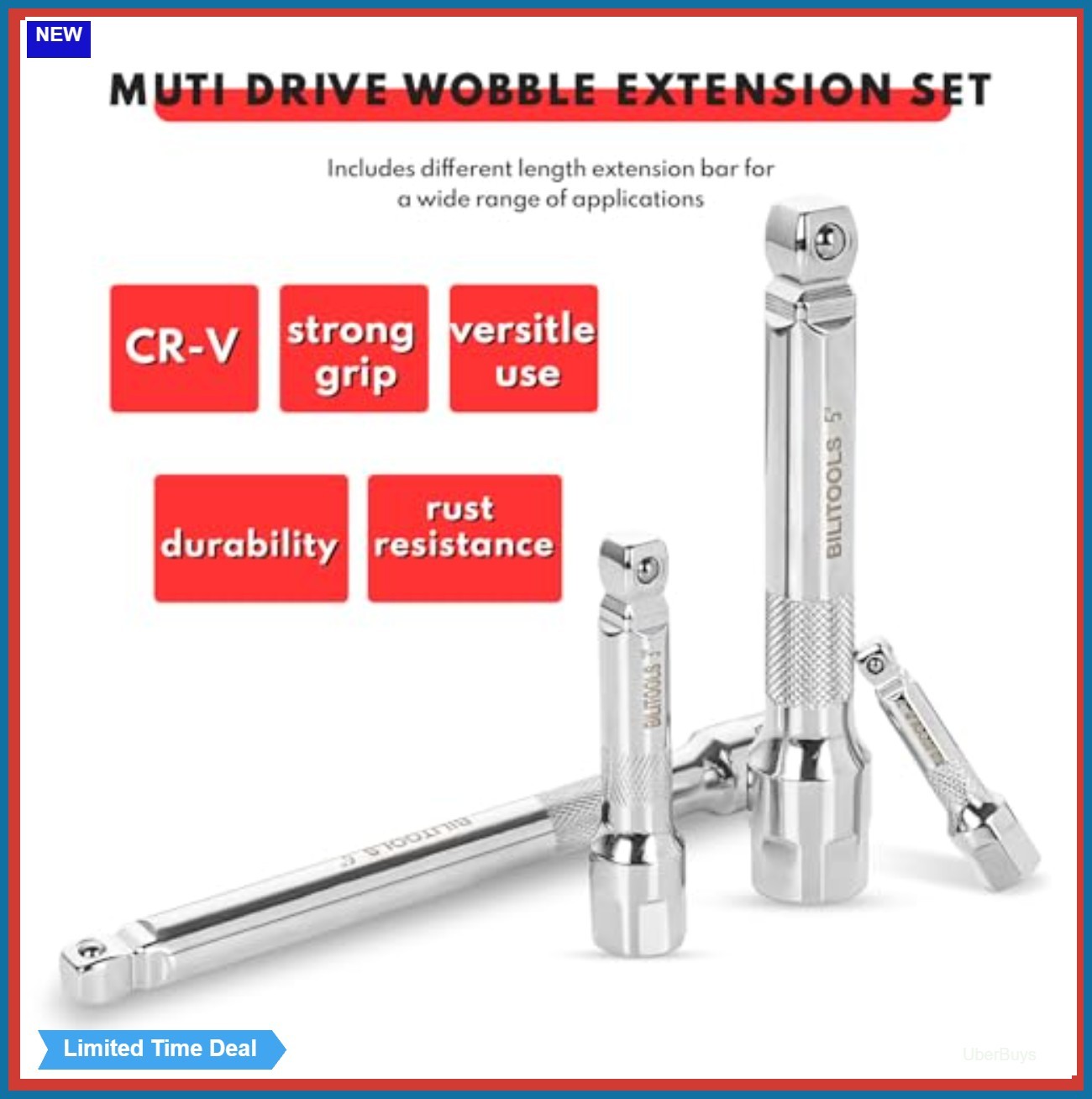 9 Piece Hex Wobble Extension Set 1/4 3/8 1/2 Inch Drive Chrome Vanadium Steel