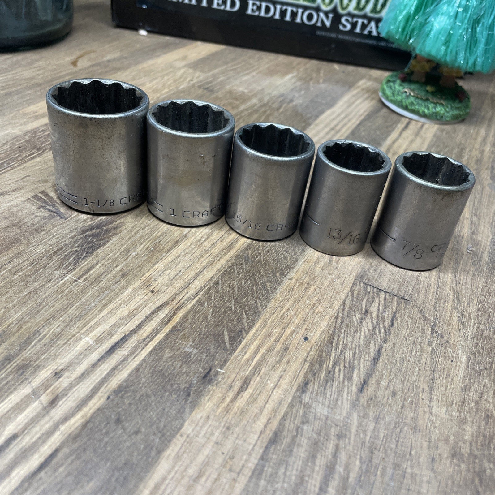 5- Craftsman 1/2″ drive sockets (1″, 1 1/8″ 15/16, 13/16, 7/8)- V – Made in USA