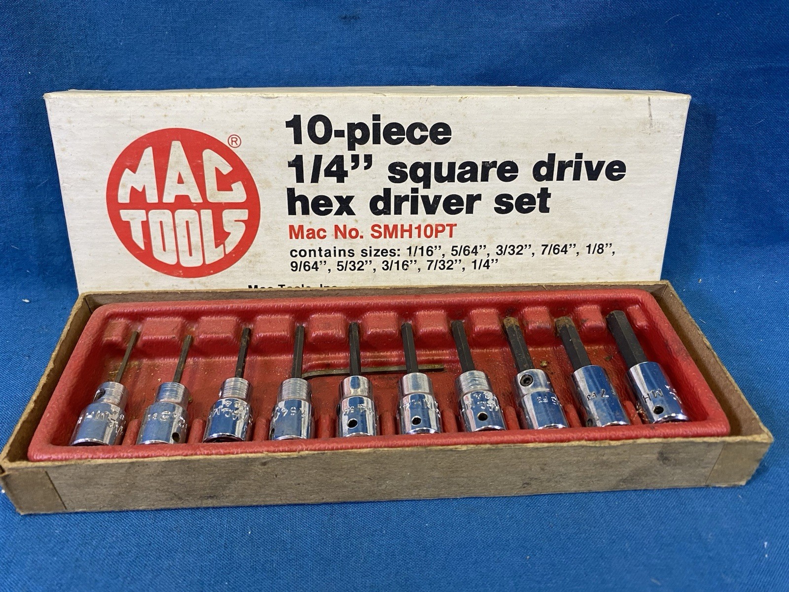 Vintage Mac Tools SMH10PT 10 Piece 1/4” Drive Hex Socket Set SAE 1/16” – 1/4 USA