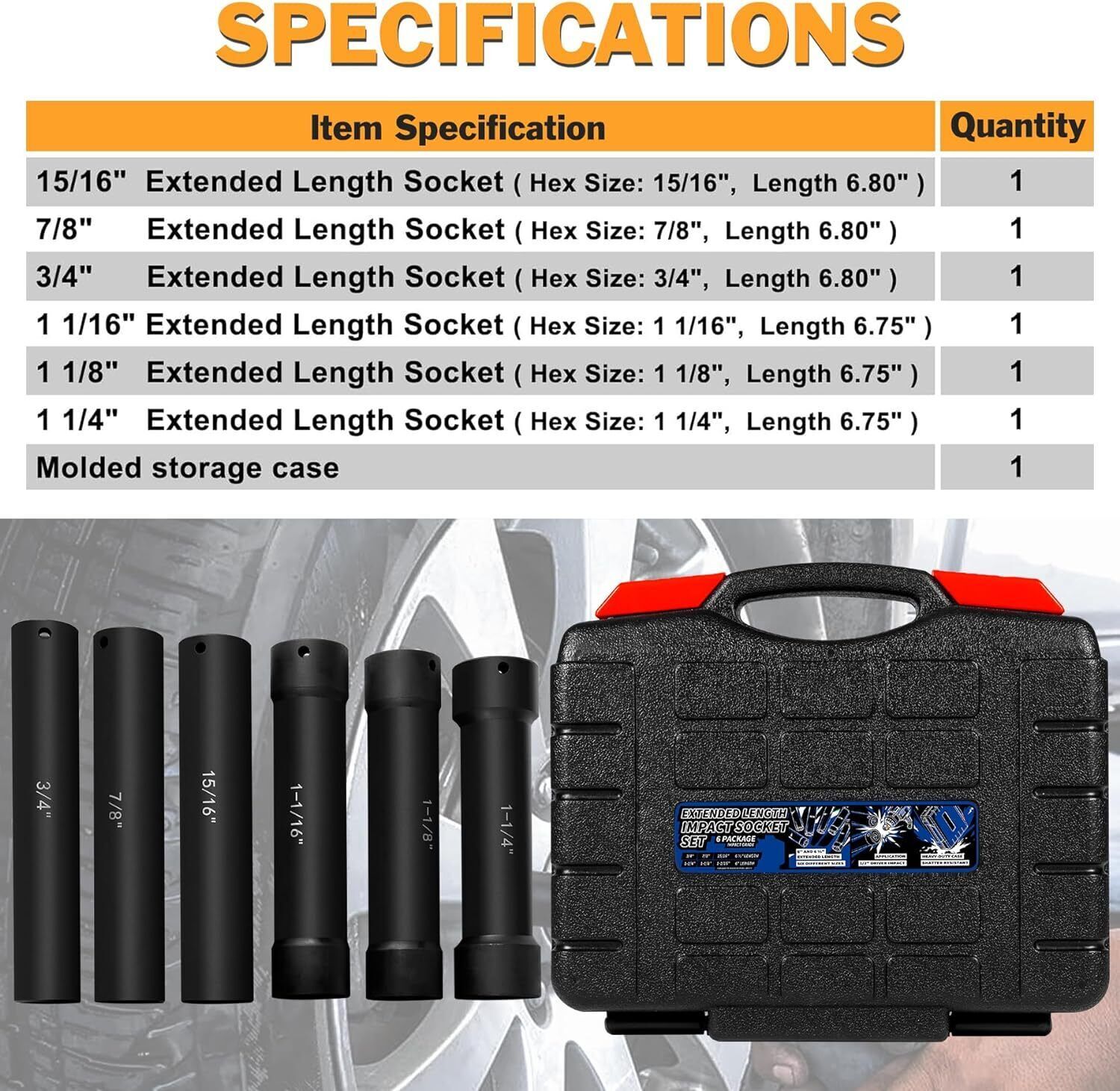 1/2 Inch Drive Heavy Duty Extended Length Extra-Deep Length Impact Socket Set