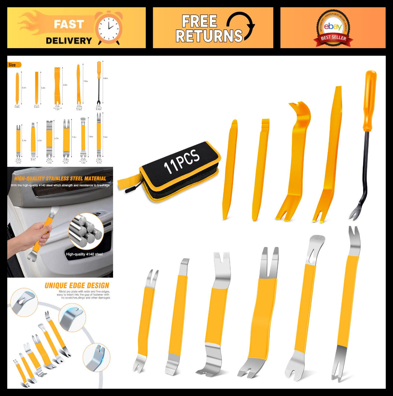 11PCS Trim Removal Tool Kit – Metal & Nylon Pry Tools for Car Door, Dashboard, A