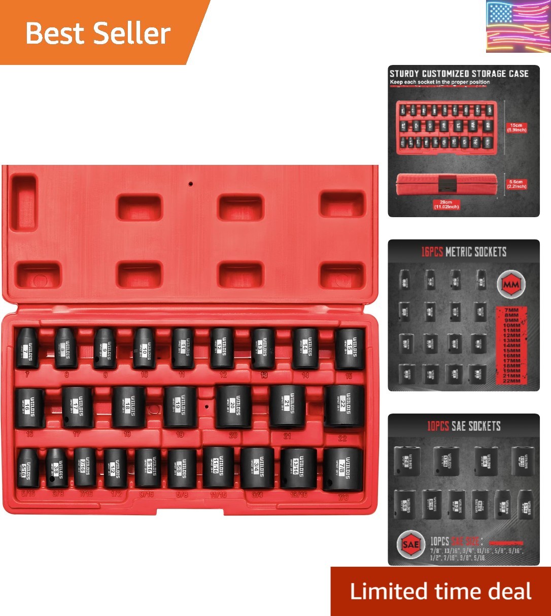 26 PCS Socket Set 3/8″ Drive SAE Metric Impact Sockets .