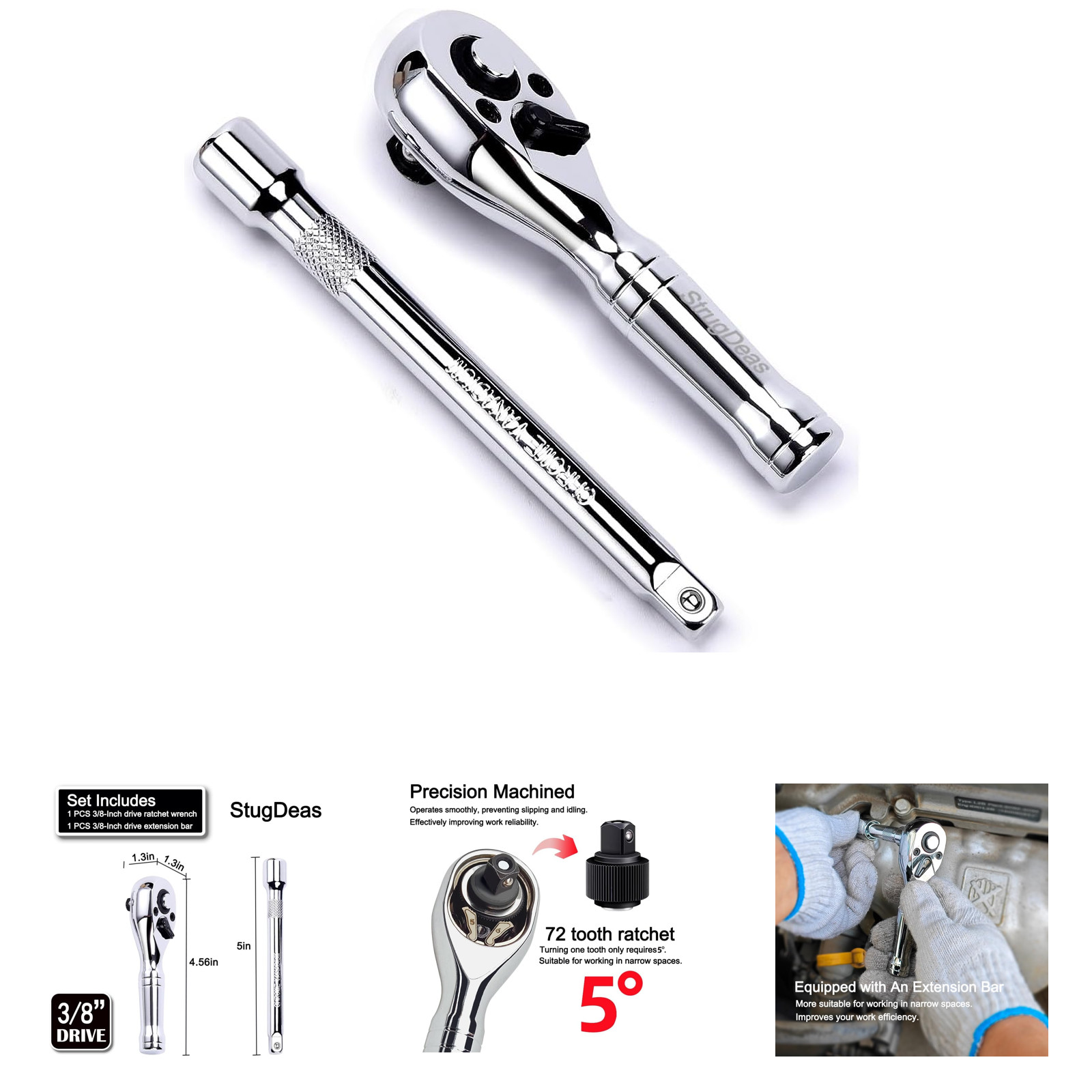 3/8 Inch Drive Ratchet Wrench Chrome Vanadium 72-Tooth Stubby Extension Bar