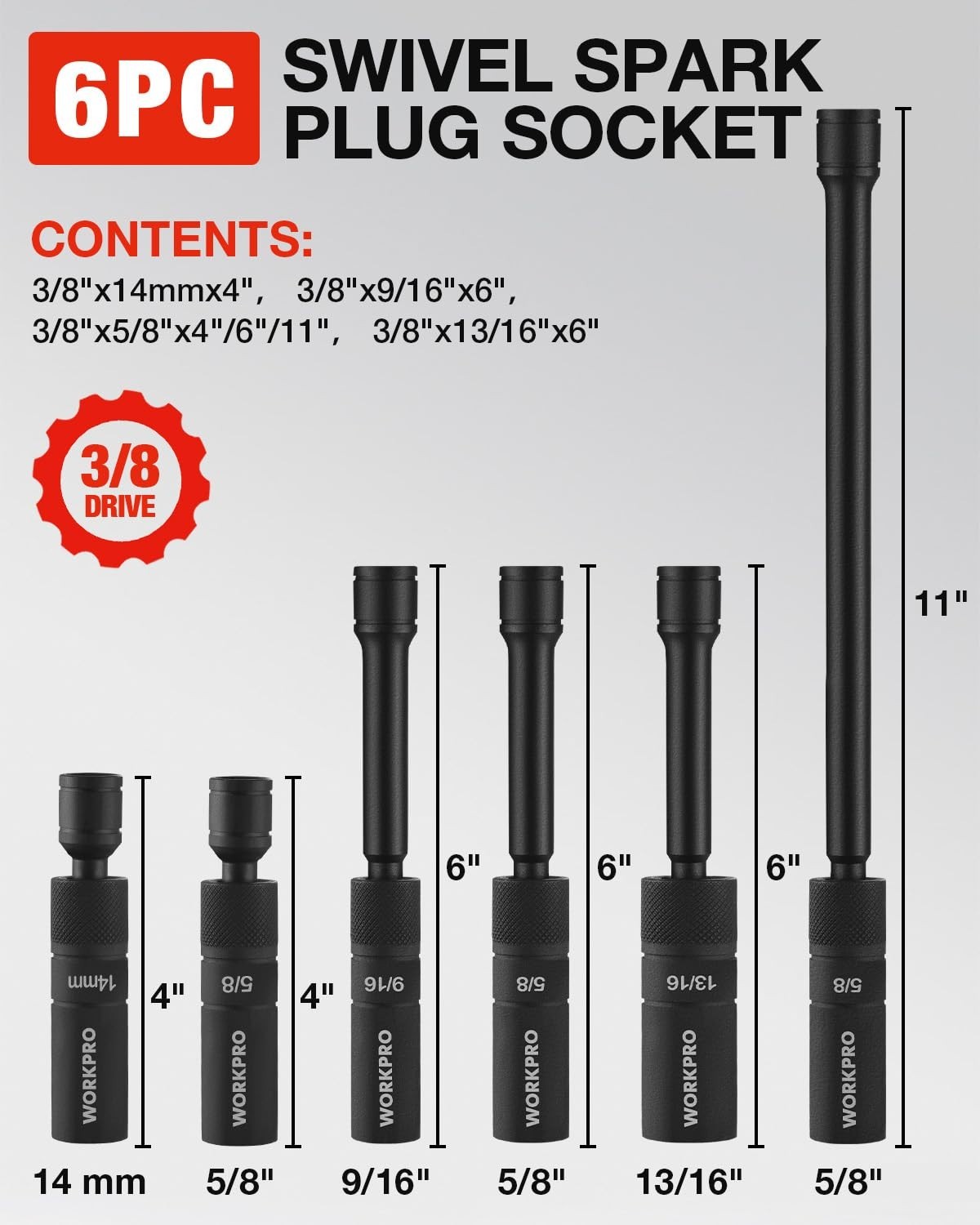 6-Piece Magnetic Spark Plug Socket Set, 3/8″ Drive, 12-Point, 9/16″-14mm, Extens