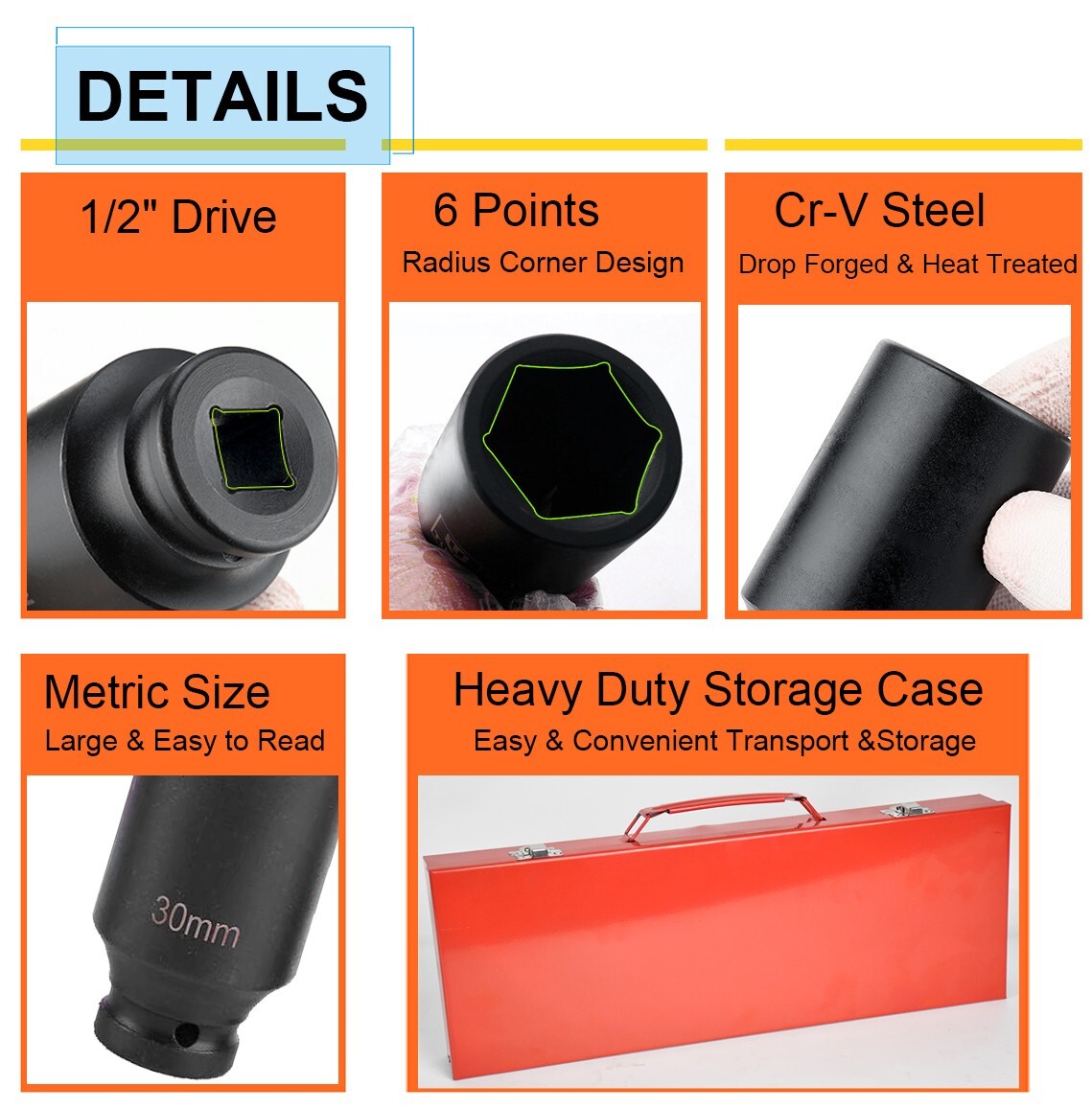 35pcs 1/2″ Inch Deep Impact Socket Set Drive 8-32mm Metric Garage SAE With Case