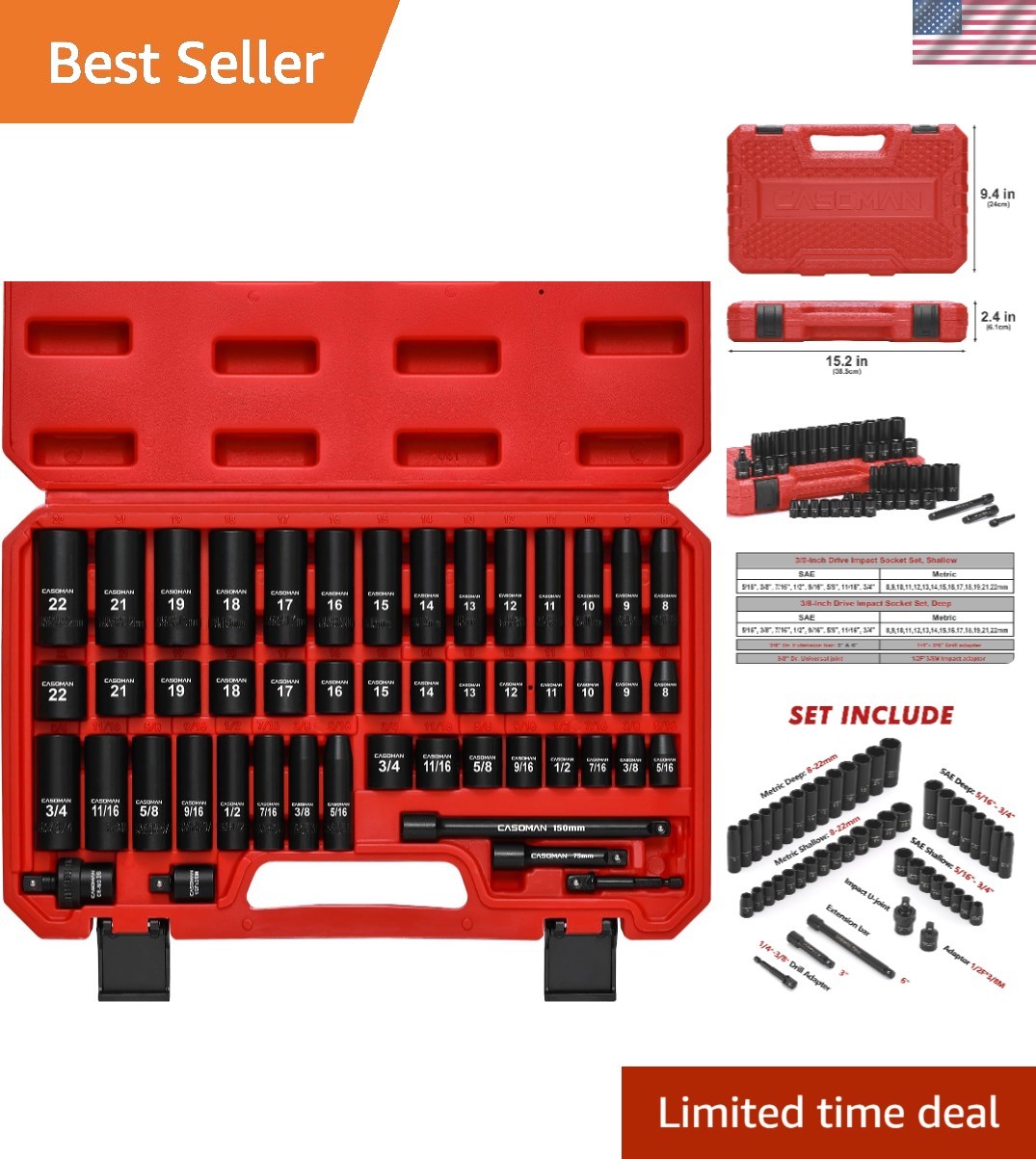 Comprehensive 3/8″ Drive Socket Set: 49 Pieces, SAE & Metric Sizes Included