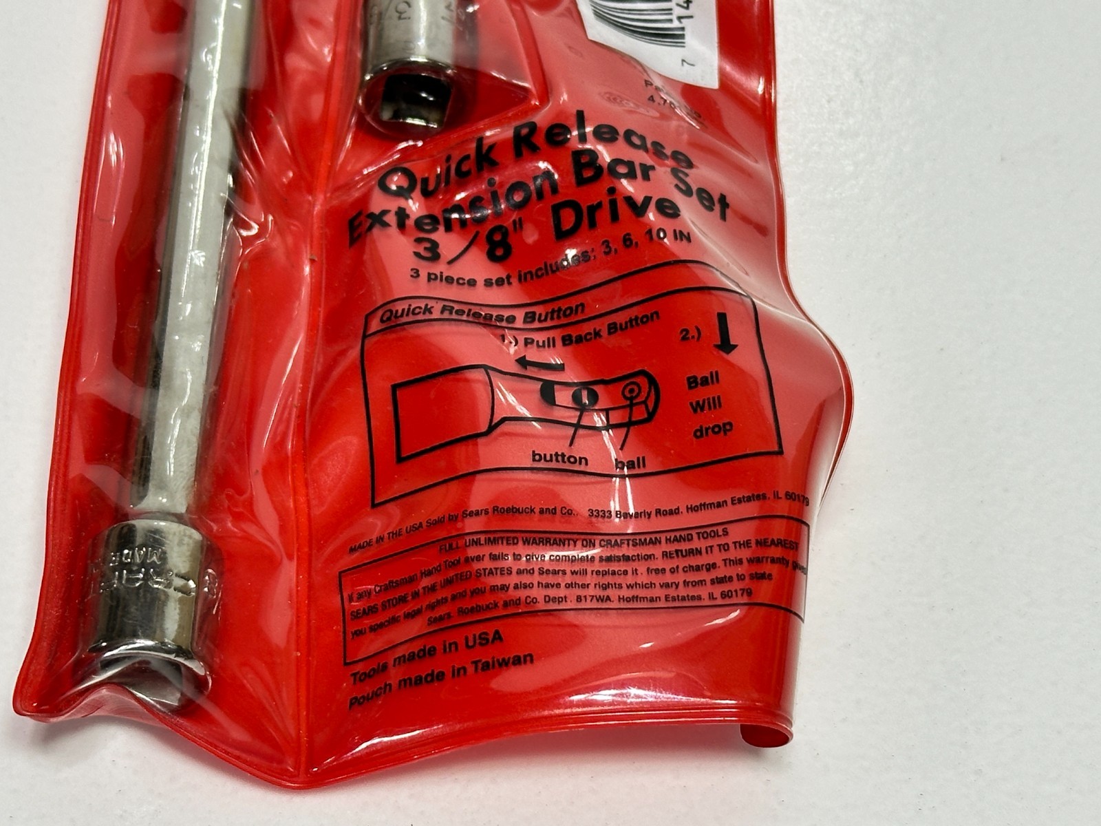 Craftsman USA NOS 43355 3pc 3/6/10” 3/8″ Dr. Quick Release Extension Bar Set