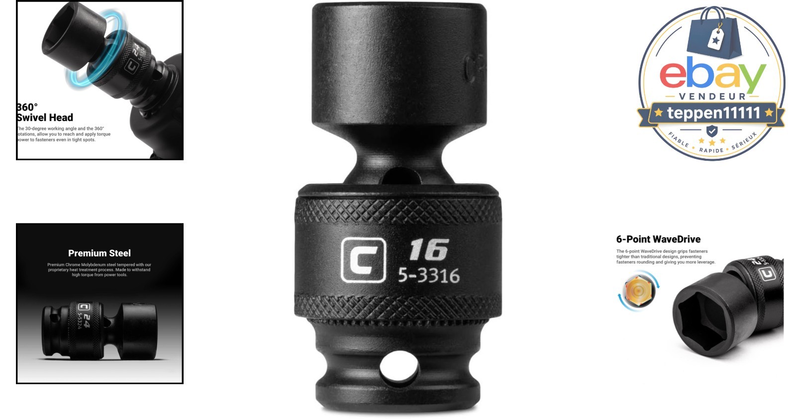16 mm Impact Socket, 3/8-Inch Drive, 6-Point, Metric