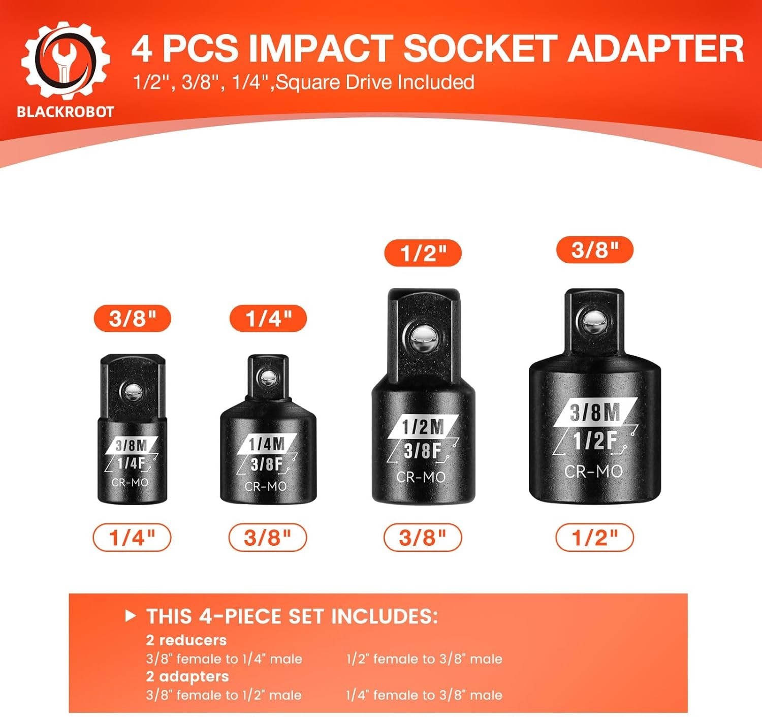 Impact Socket Adapter Set – 4 pcs, Chrome Molybdenum Steel, Corrosion Resista…