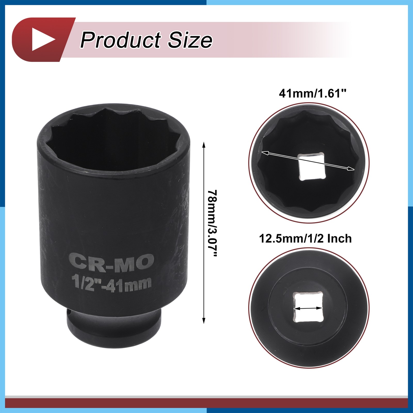 Universal 1/2 Inch Drive Impact Socket 41mm 12 Point High Carbon Steel 1Pcs