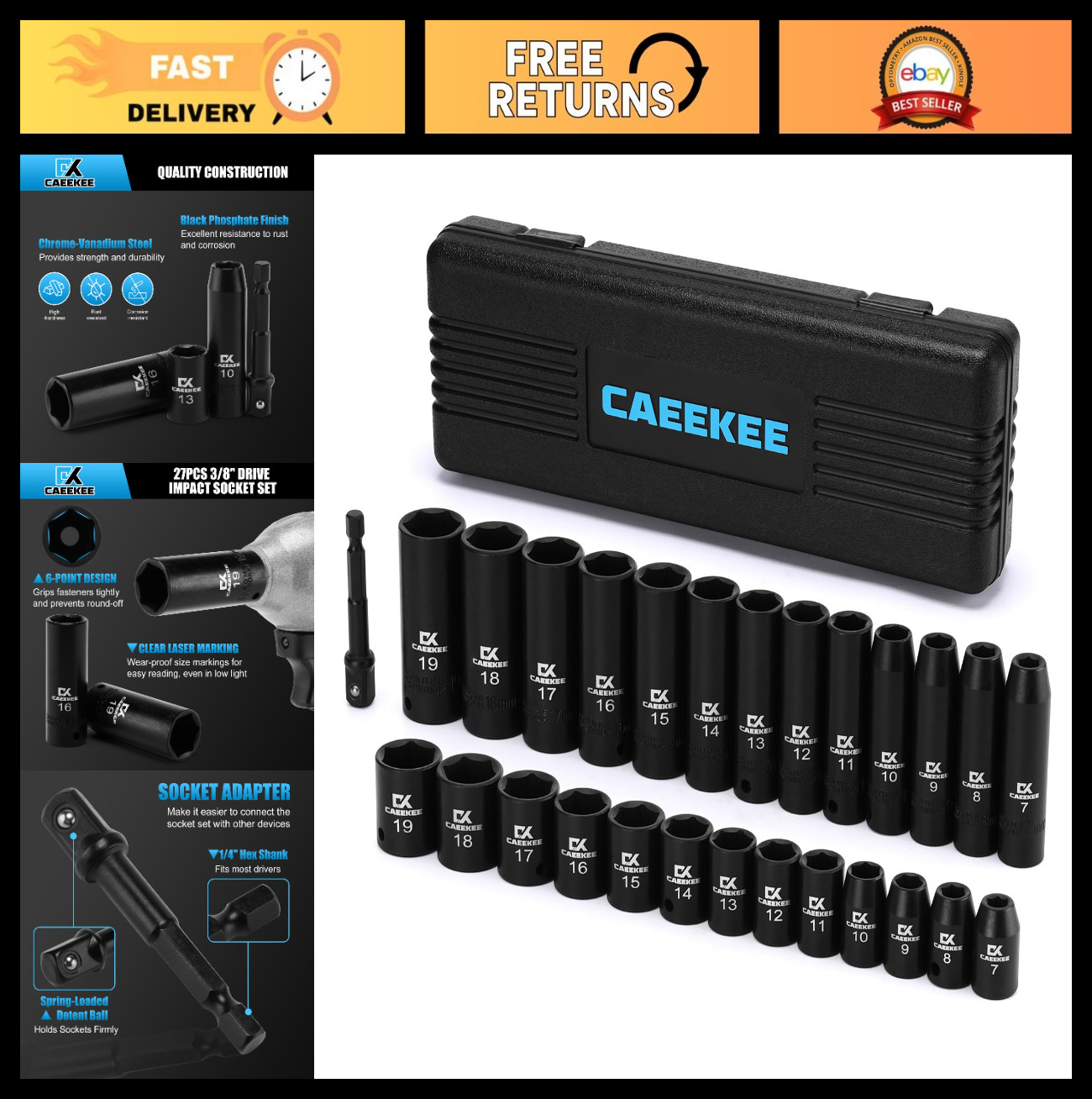 27PCS 3/8″ Drive Metric Impact Socket Set, Deep & Shallow, 7mm-19mm, 6-Point, Cr