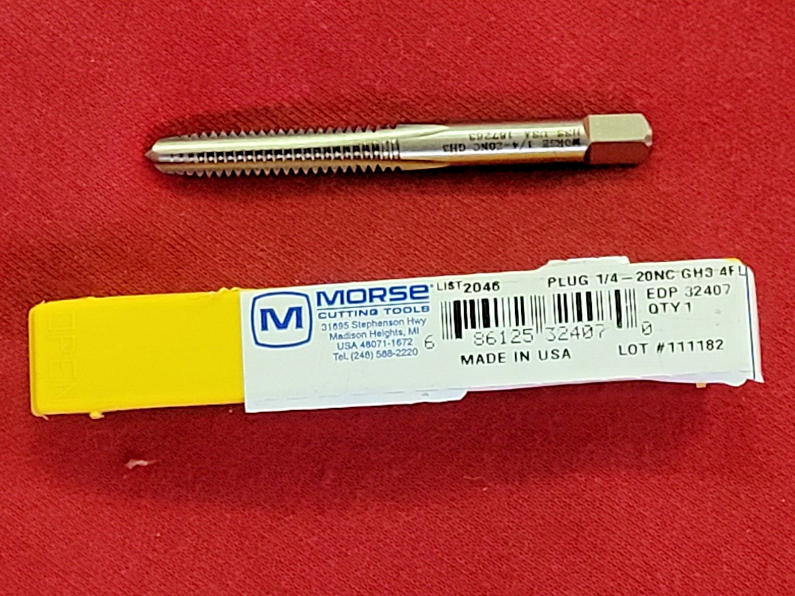 1/4-20 Plug Tap Morse MT3732407 NC GH3 4 Flute Starter HSS